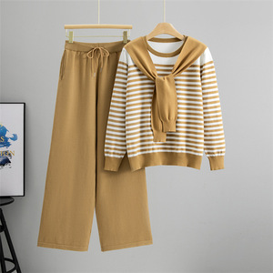 Ensemble professionnel tricoté automne-hiver pour femme – Pull rayé élégant et pantalon large – Deux pièces transfrontalières - Product Image 1