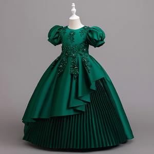 Gaun Putri untuk Anak Perempuan 4-13 Tahun, Gaun Pesta Pernikahan & Ulang Tahun Berbahan Lace, Model Floral dengan Kerah O, Dekorasi Kancing, Formal untuk Musim Panas - Product Image 1