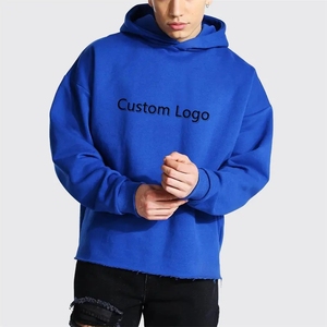 Customised Blue Cordless 100 Cotton French Terry Distressed Pullover Plain No Pocket Cut Edge Custom Raw Hem <b>Hoodie</b> - Product Image 1
