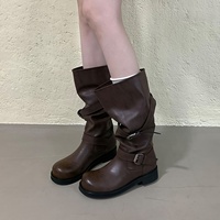 Bottes hautes pour femmes, nouvelle collection automne/hiver 2026, style à semelle épaisse, plissées, souples, pour mollets larges, avec ceinture