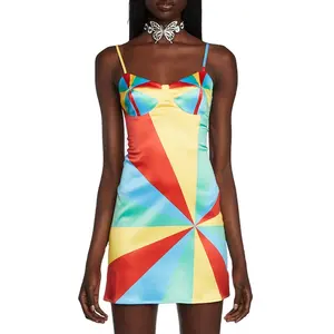 Benutzer definierte Color blocked Windrad Print Fleck Kleid Verstellbare Rücken Krawatten Sexy Ausschnitt Seide Mini kleid Damen kleid Summer Party Beach