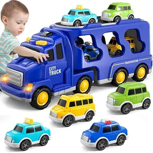 大型运输运输车4辆微型汽车摩擦校车出租车越野车和警车5合1幼儿城市汽车玩具