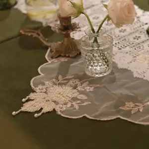 Atacado Bordado Pérola Chá Table Mat Retro Lace Cover Decorativa Toalha De Mesa Francês Pequeno Chá Bandeja