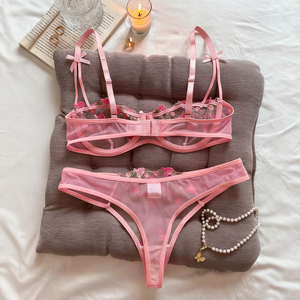 Frauen sexy rosa Spitze Stickerei Blumen Dessous BH-Set Elegante Mode Transparente Exotische Unterwäsche Höschen Set - Product Image 5