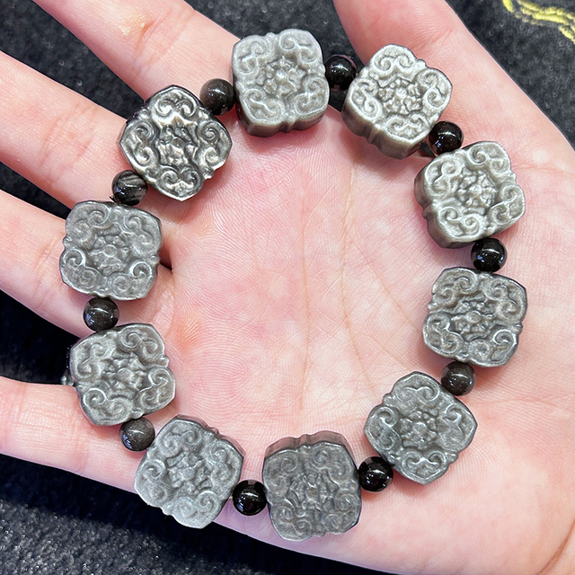 Natural Silver Obsidian Bracelet With Chinese Style Patterns, Hand Polished Fashion Accessories