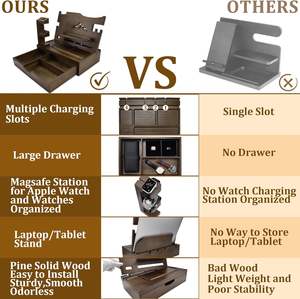 Table de chevet fonctionnelle en bois d'acacia avec organisateur, station d'accueil pour téléphone, tiroir, table de chevet, table de chevet, téléphone portable, montre, clés - Product Image 6
