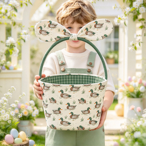 Panier de Pâques en toile pour tout-petits, imprimé <span class=keywords><strong>canard</strong></span>, seau en tissu personnalisé avec oreilles de lapin et nœud, pour la collecte des œufs de Pâques - Product Image 1