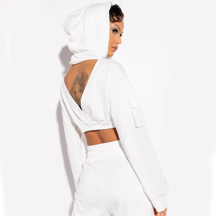 Wholesale custom women's long sleeve drawstring elastic waist patch pockets cutout soft cotton blend cropped cargo hoodies