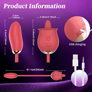 เครื่องนวดกระตุ้นจุดจีและคลิตอริสแบบสองหัวรูปดอกกุหลาบ พร้อมโหมดสั่นแบบเลีย ทำจากซิลิโคนเนื้อนุ่ม กันน้ำระดับ IPX7 ชาร์จผ่าน USB - Product Image 6