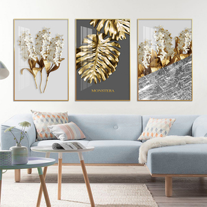Feuilles d'or avec fond <span class=keywords><strong>blanc</strong></span> art mural style nordique art minimaliste peinture <span class=keywords><strong>fleur</strong></span> design impression sur toile <span class=keywords><strong>affiche</strong></span> pour la décoration - Product Image 2