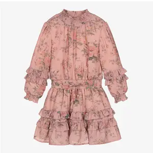 custom chiffon children girl dress pink flower printed kids dresses wholesale high quality 6-14 kids clothing factory