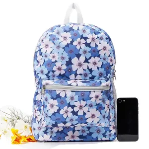 简约设计花卉挎包带网眼水瓶架聚酯学校背包