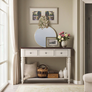Consolle color crema con 3 cassetti e ripiano in <span class=keywords><strong>legno</strong></span> con piano in rovere laccato per ville - Product Image 1