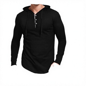 Sweat à capuche Henley surdimensionné pour homme, manches longues, décontracté, noir uni, impression numérique, pull-over, automne - Product Image 2