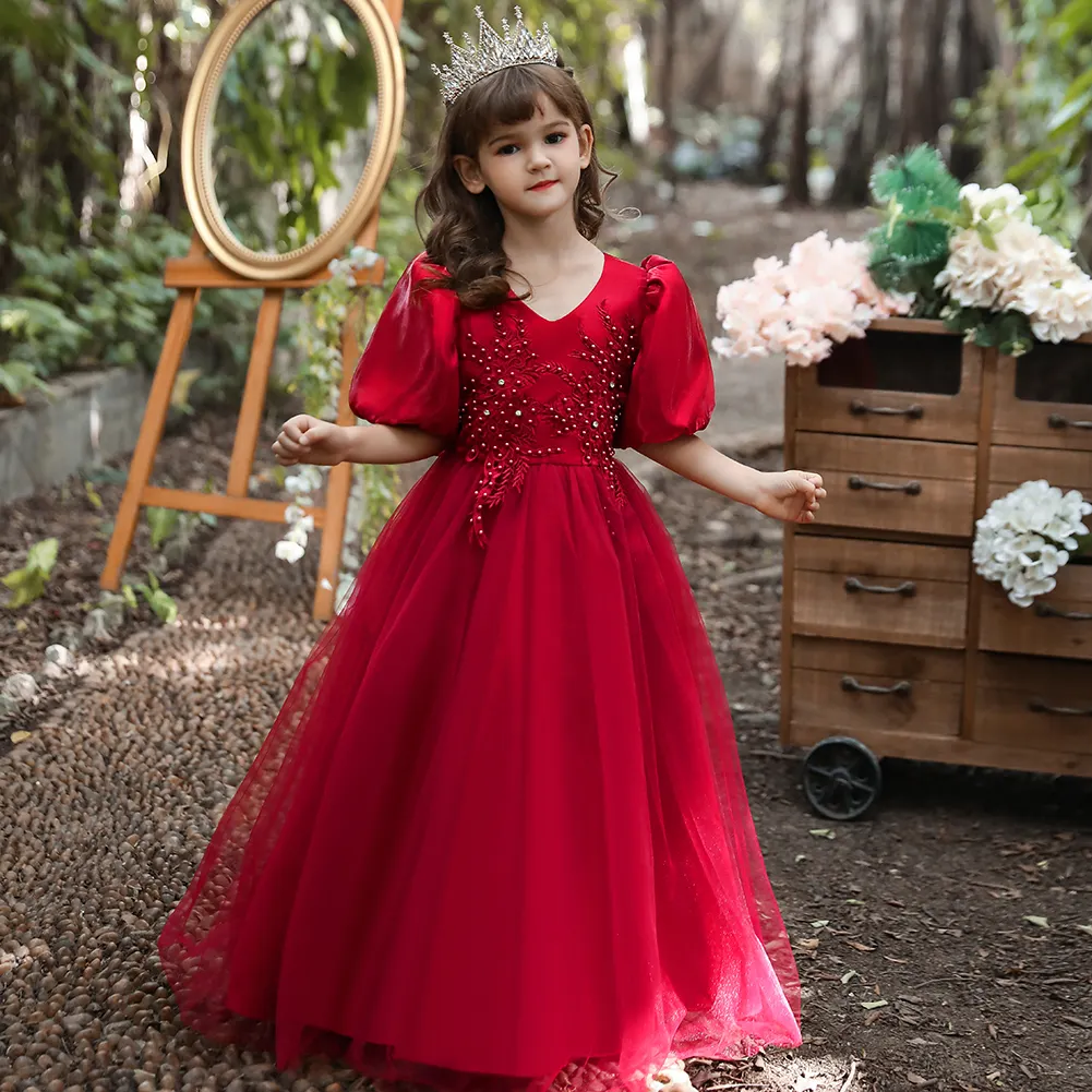 高級な女の子のウェディングドレス小さな女の子の誕生日のための赤いチュチュドレスエレガントな子供たちは6歳のパーティードレスを着ます