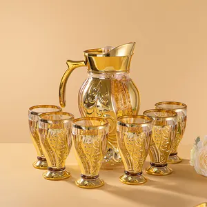 7 Pieces Golden Plating Decorative Glassware Green Flower Decal Arabic Style Decorative Glass Drinking Water Pitcher Set