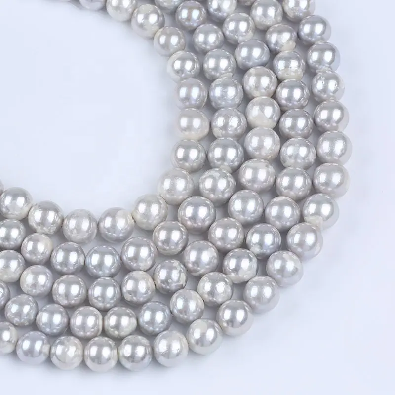 Vente en gros de perles Edison rondes de couleur grise galvanisée de 11 à 13mm perles de placage à l'huile brillantes brins de bijoux