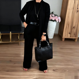 Conjunto de 3 Piezas de Moda para Mujer: Top de Manga Larga con Cuello Redondo de Color Sólido, Abrigo Largo y Pantalones Cómodos - Product Image 6