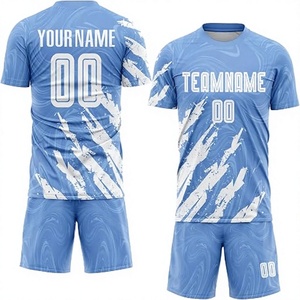 Conjunto de Uniforme de Fútbol Sublimado Personalizado, Patrón Azul y Blanco, Cuello Redondo, Manga Corta, Poliéster que Absorbe la Humedad, Unisex para Adultos - Product Image 1