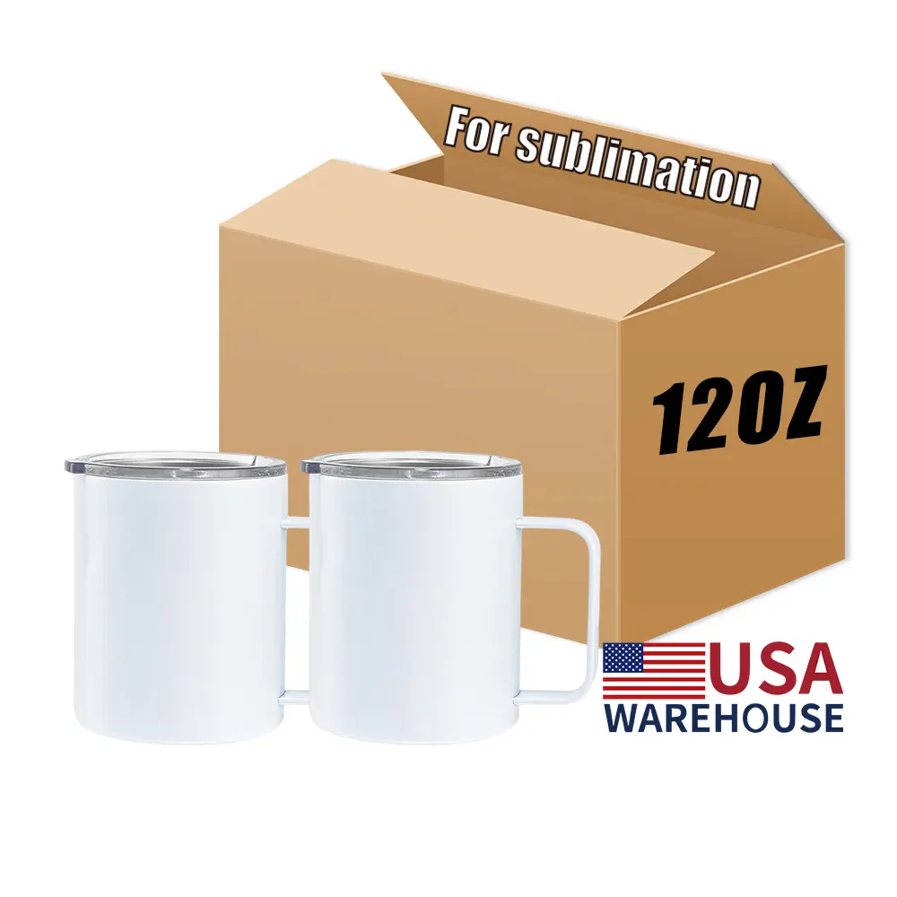 USA 2 Days Delivery 12Oz Plain Camp Double Wall Metal Stainless Steel White Blank Sublimation Coffee Mug with Handle