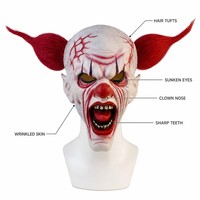 Masque de clown effrayant 4 styles en latex, perruque intégrale, nez rouge, dents pointues, accessoire de fête d'Halloween, taille unique
