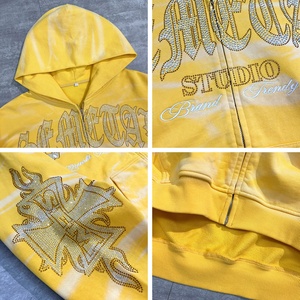 Custom 100% Cotton Heavyweight Cropped Zip Hoodies Manufacturer Streetwear Rhinestone Embroidered Acid Wash Zip up Hoodie - Product Image 3