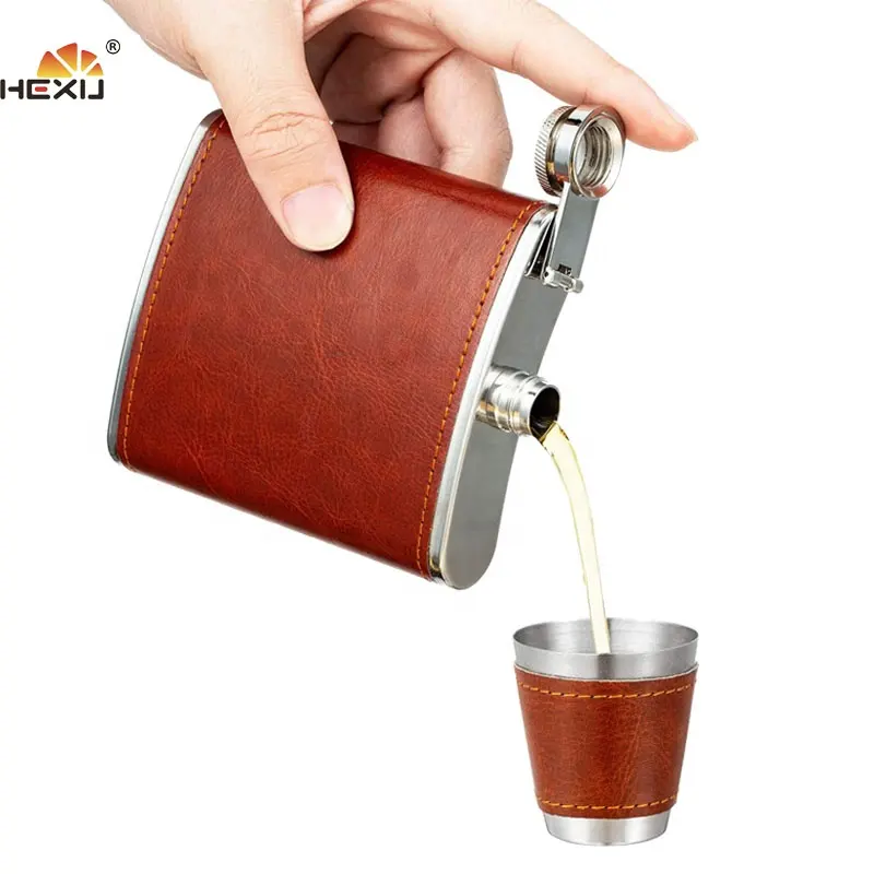 7Oz thép không gỉ nâu da bìa PU bao quy đầu Hip Flask Bộ quà tặng