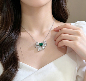 925 Silver Cultivated Emerald Necklace Shining Fashionable <b>Bow</b> Shape Party Holiday Daily <b>Gift</b> for Girls Surprise L - Product Image 6
