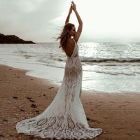 Robes de mariée sirène de plage sexy en dentelle à col en V personnalisées RTS, bretelles spaghetti, robes de mariée dos nu