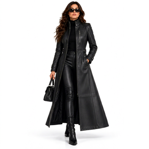 <b>Women's</b> Custom Genuine Sheepskin Leather <b>Long</b> <b>Coat</b> Full Zip Stand Collar Slim Fit Premium <b>Winter</b> Leather Trench <b>Coats</b> for Ladies - Product Image 1