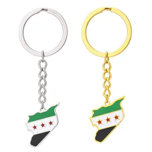 Porte-clés en acier inoxydable plaqué or 18 carats avec breloque drapeau de l'Armée syrienne émaillée et pendentif carte de la Syrie émaillé - Product Image 1