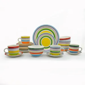 16 pcs dipinto A Mano Piatto di Piatti Set Dipinto A Mano A Righe Stoviglie In Gres Dinnerware Set Da Tavola