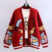 Logo personnalisé surdimensionné tricoté broderie Cardigan dames dessin animé tricot Jacquard lâche femmes Cardigans pull avec poches