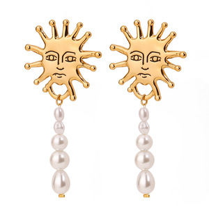Sun Face Pearl Pendant Earrings Gold Women's Everyday Wear Jewelry - Product Image 1