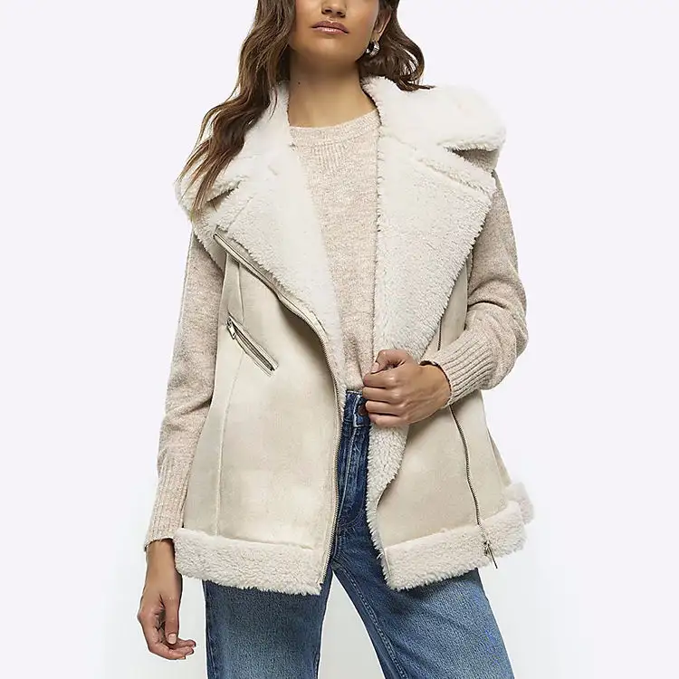 Cappotto Casual autunnale da donna canotta senza maniche da donna con risvolto fodera in pelle scamosciata pelliccia artificiale giacca con cerniera in lana spessa