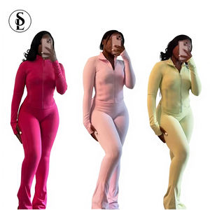 Set Pakaian Olahraga Wanita 2 Potong Legging Set Yoga Jaket Celana Flare Set Tracksuit Wanita - Product Image 1