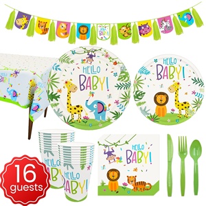 16 invités 1st Bébé Douche Jungle <span class=keywords><strong>Safari</strong></span> Animaux Jetable Vaisselle Plaque Tasse Serviette Bonjour Bébé Heureux de Fête D'<span class=keywords><strong>anniversaire</strong></span> Décoration - Product Image 2