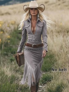 Vestido Vaquero Vintage <span class=keywords><strong>de</strong></span> Manga Larga con Cuello Solapa y Dobladillo con Flecos <span class=keywords><strong>de</strong></span> Gamuza, Corte Entallado con Cierre, Primavera 2026 para Mujer - Product Image 2