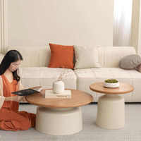 Table basse en bois massif minimaliste moderne, table ronde de couleur crème avec plateau en bois pour salon
