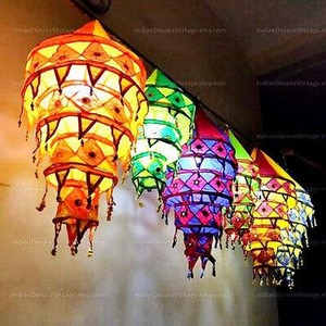 Hanging Paper Lanterns Water Drop Shape Boho Style 6-Color Print Decorative <b>Ceiling</b> Installations Red Yellow Blue Orange Pattern - Product Image 4