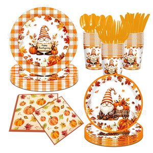 Autumn Harvest Thanksgiving Party Dinnerware Set Paper Cups Napkins <b>Disposable</b> <b>Plates</b> Pumpkin Gnome Design - Product Image 1