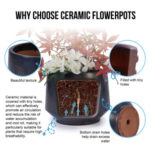 Juego de 3 macetas de cerámica hechas a mano con acabado negro mate y texturizado, de 15, 11 y 9 pulgadas de diámetro, para orquídeas y begonias. - Product Image 6
