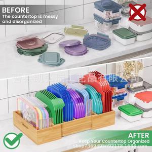 Boîte de rangement extensible en bambou avec séparateurs ajustables, couvercle de rangement en plastique, support pour couvercles de casseroles sur plan de travail de cuisine. - Product Image 4