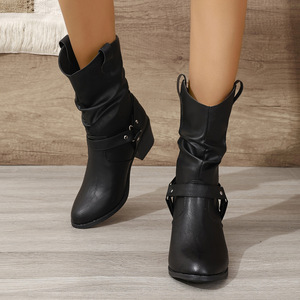 Stivali da donna in pelle PU, stile western, beige, casual, per polpacci larghi, in morbida pelle - Product Image 5