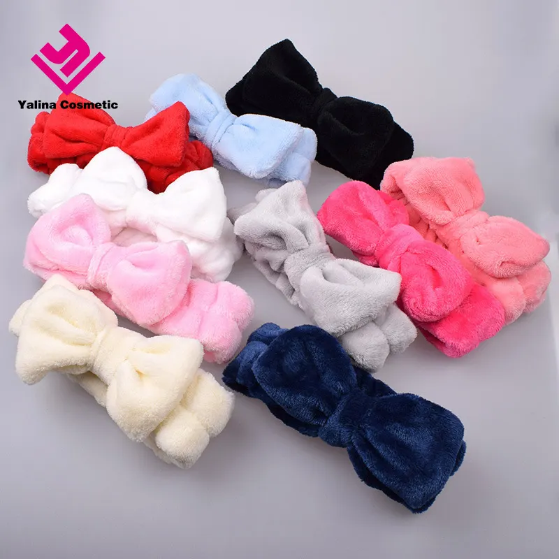 Women Cosmetic Fleece Hair Lace Elastic Hair Band Face Wash Bow Headband Makeup Hair Band