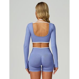 Conjunto Deportivo de Dos Piezas para Mujer, Top de Manga Larga sin Costuras, Pantalones Cortos de Cintura Alta, Cuello Redondo, Ropa de Gimnasio y Yoga - Product Image 3