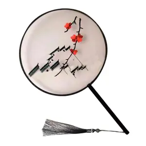 Round Party Hand Fan Antique Long Handle Embroidery Classical Double Court Female Embroidery Fan Chinese Rabbit Bamboo Fans