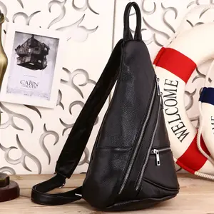 Vervaardiging Aangepaste Zwarte Koe Lederen Kleine Sport Borst Zak Outdoor Volnerf Koeienhuid Lederen Sling Bag