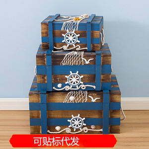 Mediterranean Style Distressed Wood Storage <b>Box</b> 3-Piece Set Blue White Rectangle <b>Pine</b> Toy Organizer Living Room Decor - Product Image 5