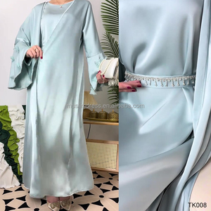 Conjunto de Abaya Informal Musulmana para Mujer <span class=keywords><strong>Habib</strong></span>, Satén, 2 Piezas, Manga Acampanada, Azul Cielo, Abaya Abierta, Venta al Por Mayor - Product Image 3